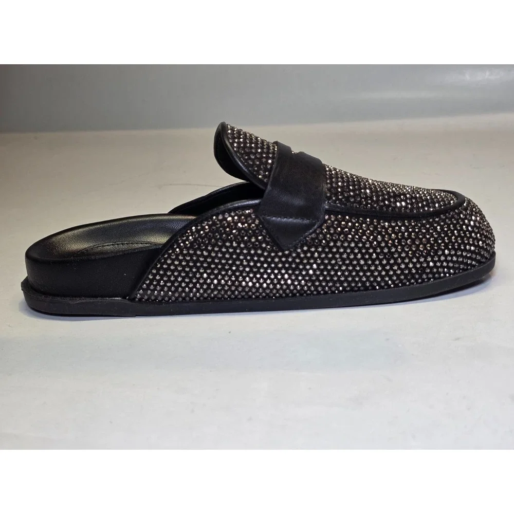 Schutz Ava Women's Shoes Size 7 B Black Leather Mule Metallic Slip‎ On Slides